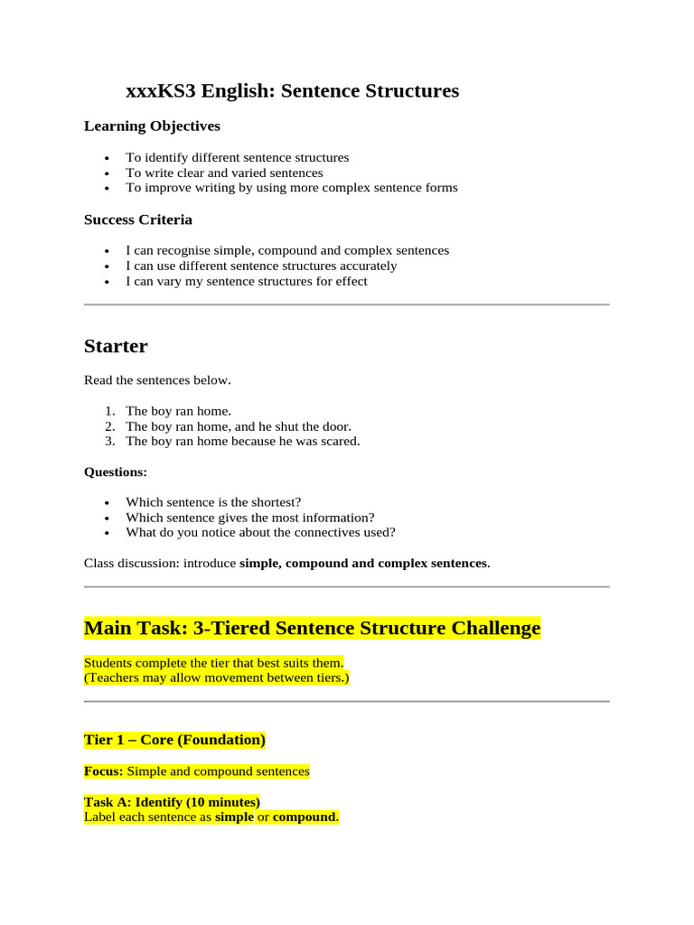Sentence Structures Tasks | PDF | Grammar | Linguistics