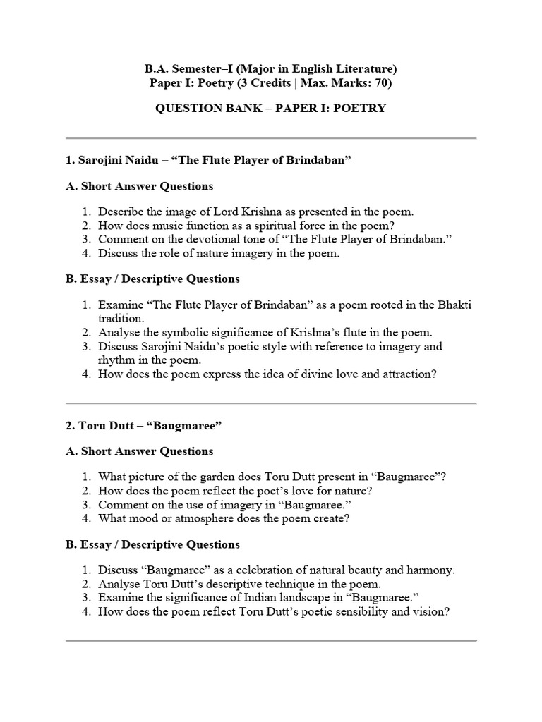 BA I Eng Poetry Sample Q&A | PDF | Bhakti | Love