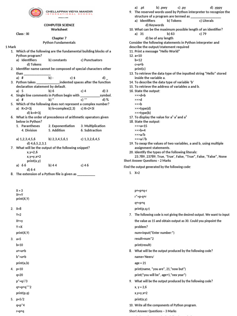 XI - CS - Chapter 7 - Python Fundamentals - Worksheet | PDF | Python ...