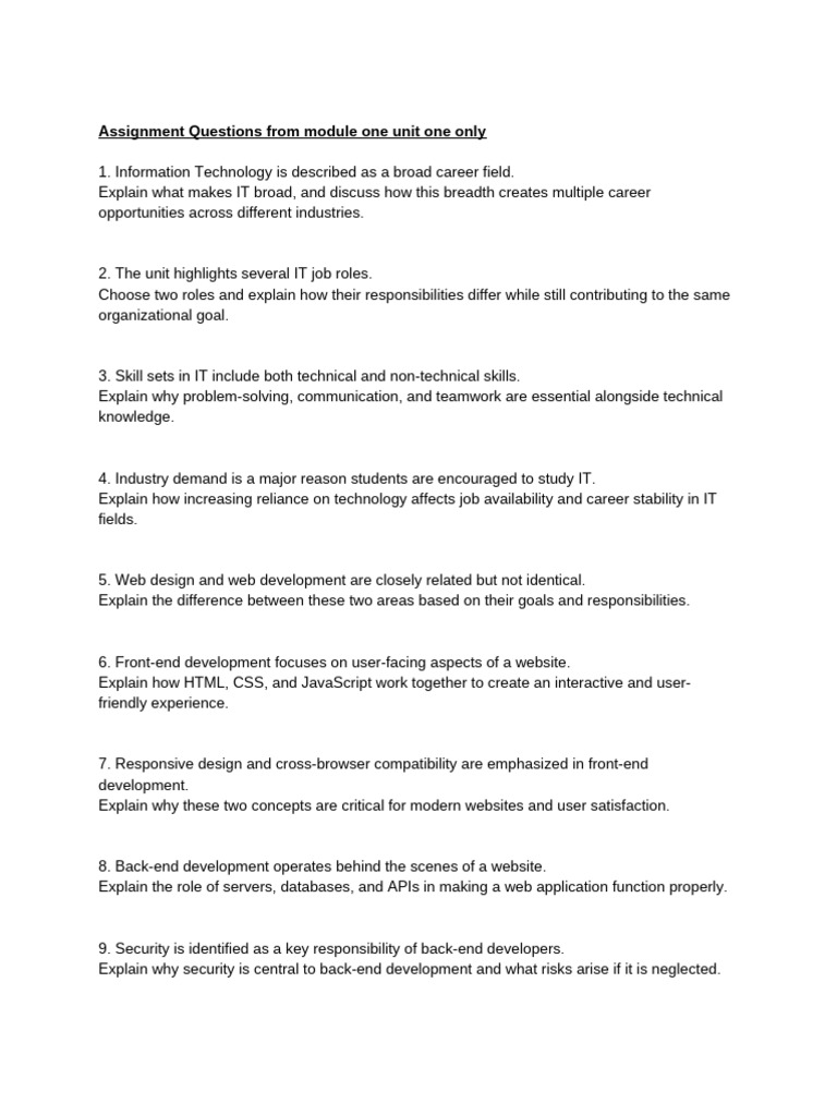 Grade 11 Assignment Questions From Module One Unit One Only | PDF