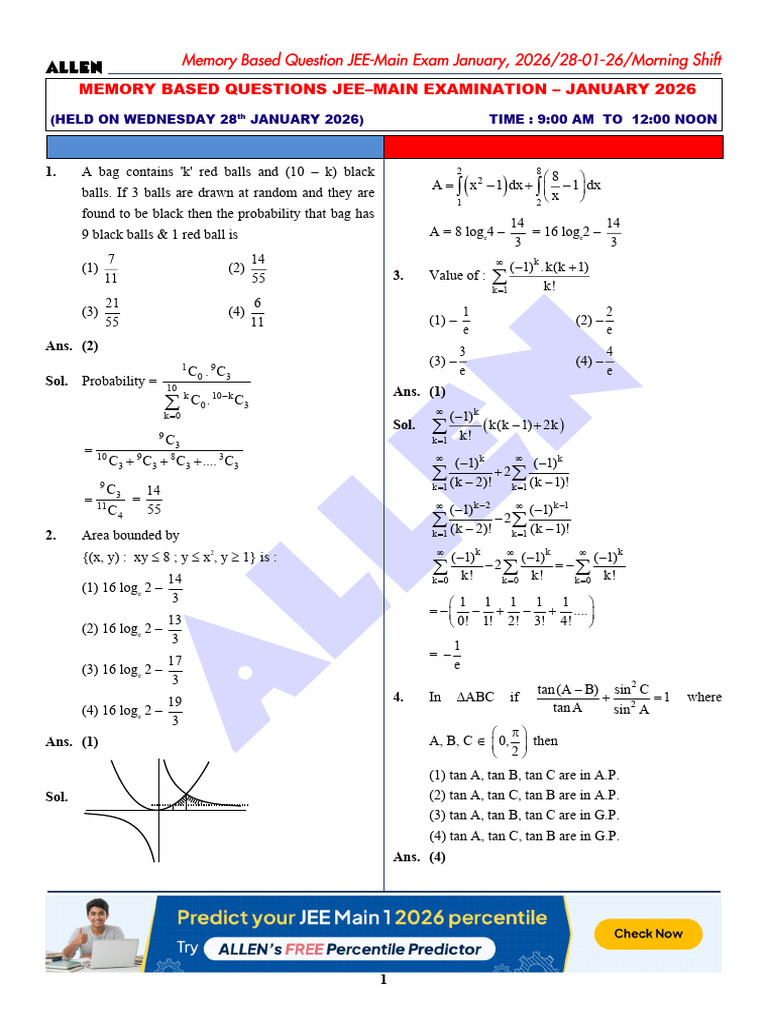 28.01.26 Shift -1 Maths | PDF | Mathematical Objects | Euclidean Geometry