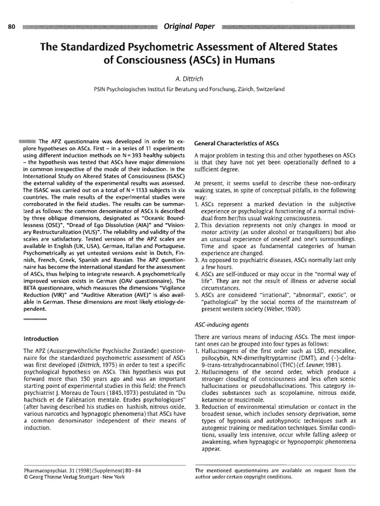 Psychometric Assessment ASCs | PDF | Hallucinogen | Experiment