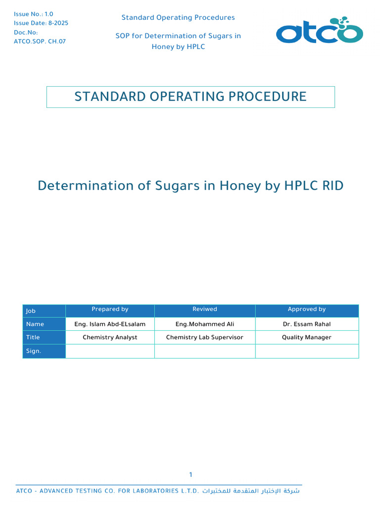 SOP For Determination of Sugars in Honey by HPLC | PDF | Honey | High ...