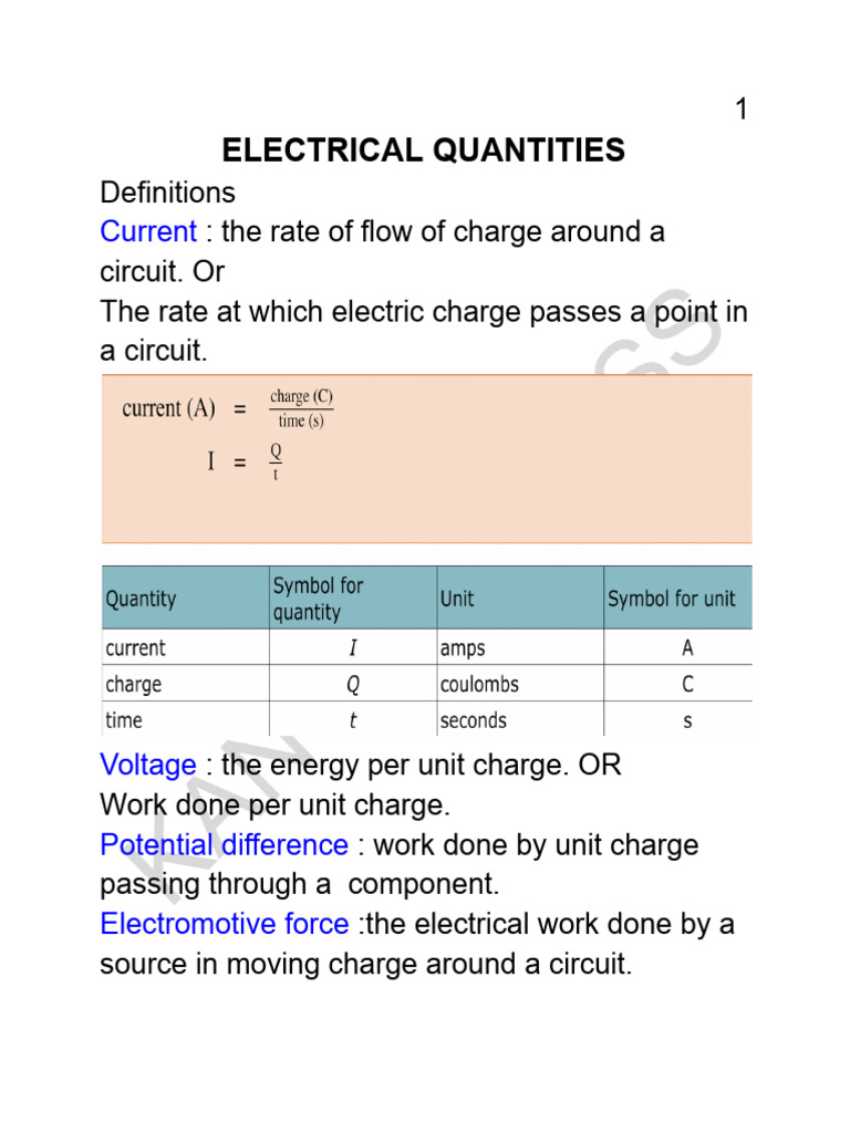 Electrical Quantities - Notes | PDF | Electric Current | Electrical ...