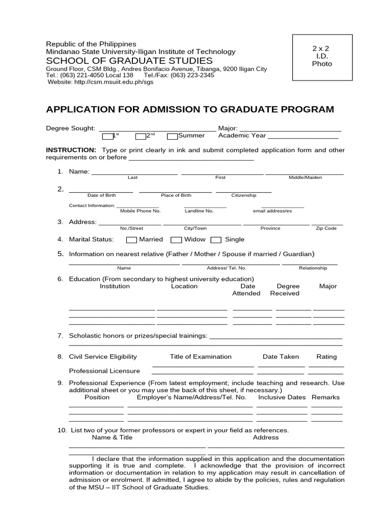 Application For Admission Form | PDF | Academic Degree | Postgraduate ...