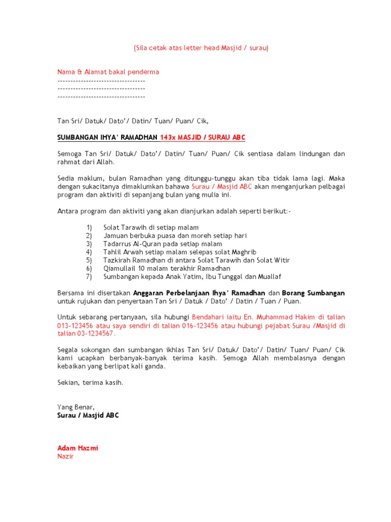 Contoh Surat Belanjawan Ihya Ramadhan