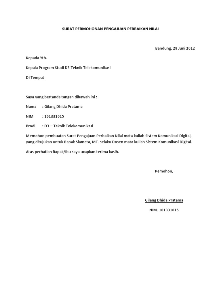 Contoh Surat Permohonan Perbaikan Nilai