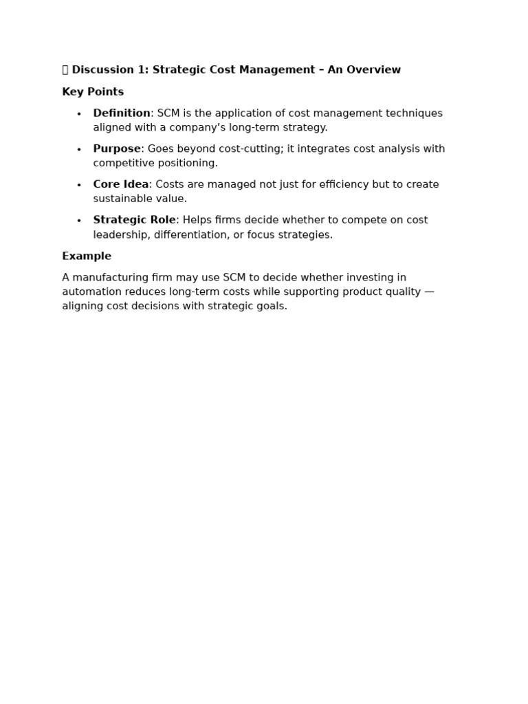 Discussion 1: Strategic Cost Management - An Overview Key Points ...