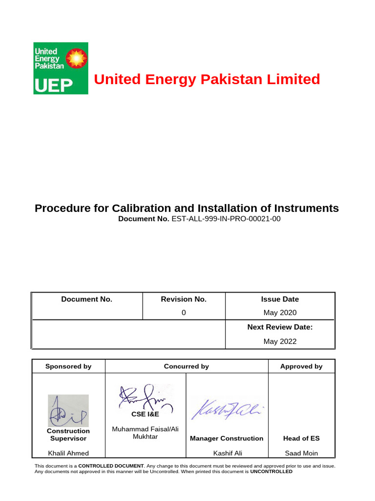 Procedure For Calibration and Installation of Instruments - 19-May-20 ...