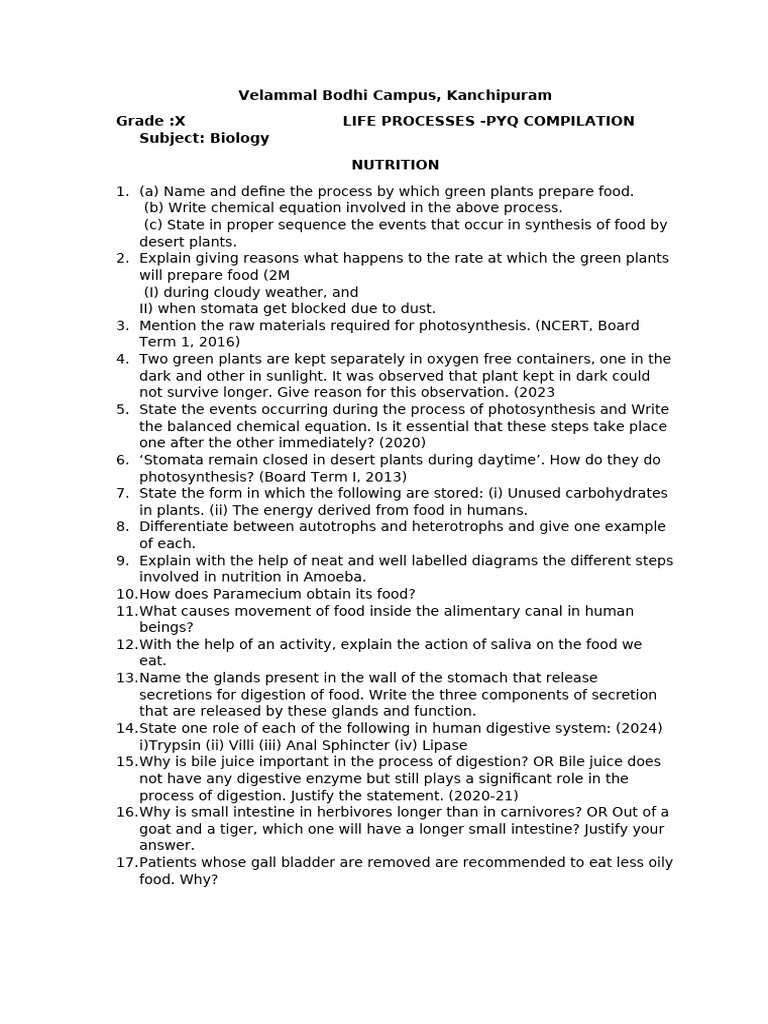 Life Process PYQ Compilation Grade X | PDF | Circulatory System | Digestion
