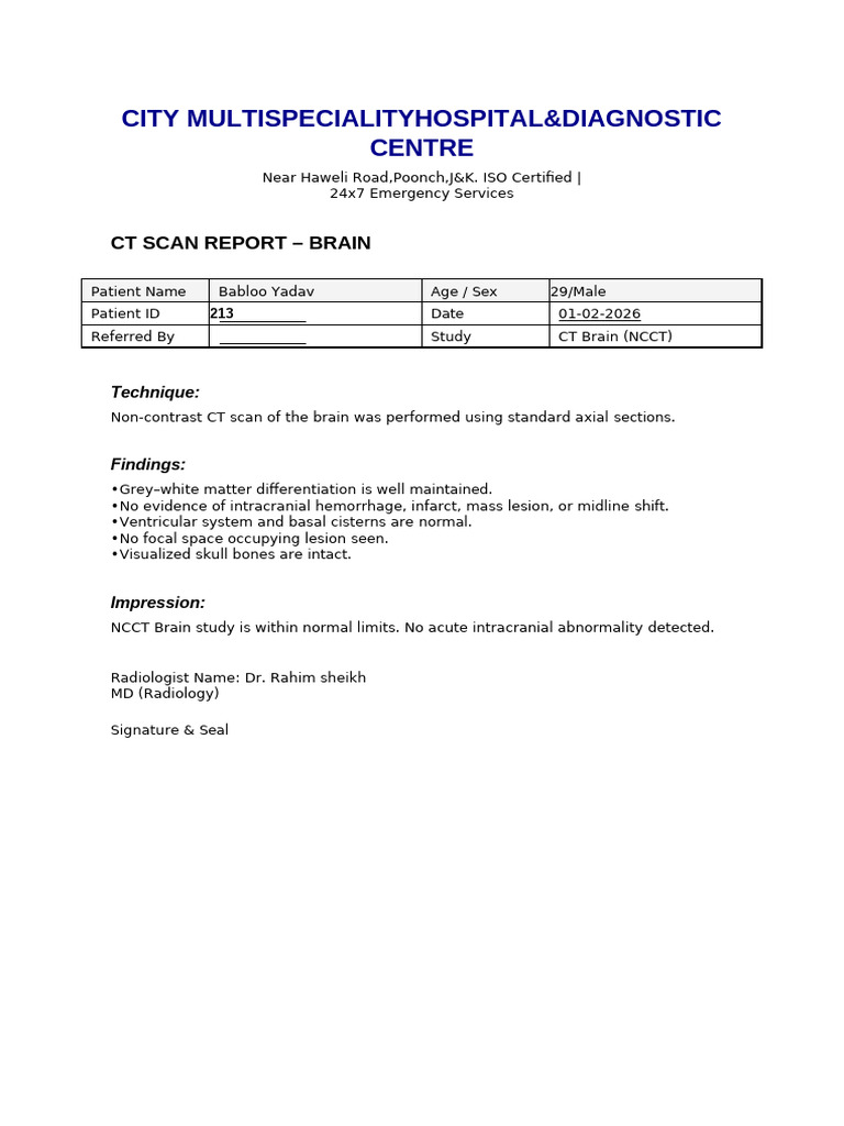 CT Brain Scan Report Hospital Letterhead Babloo Yadav | PDF
