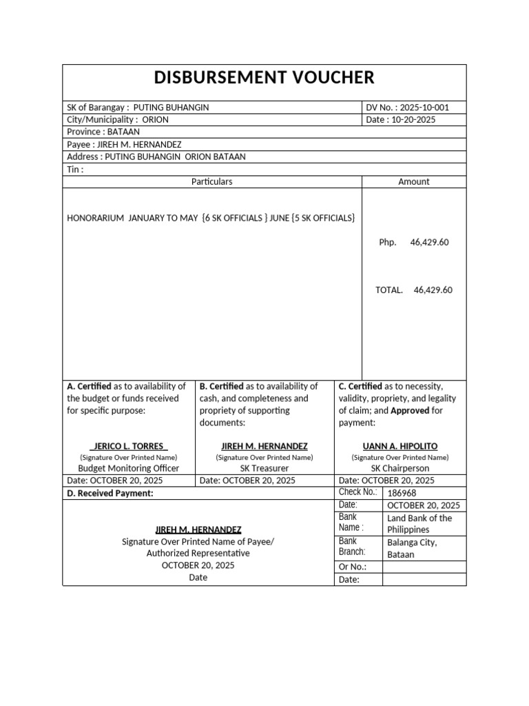 Disbursement Voucher Done PB 2025 | PDF | Payments | Business Law