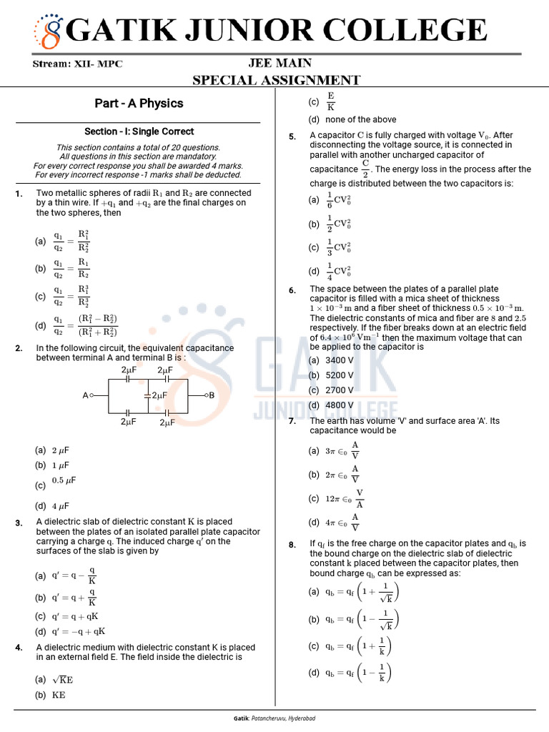 Xii MPC Jee Main Special Assignment QP | PDF | Capacitor | Capacitance