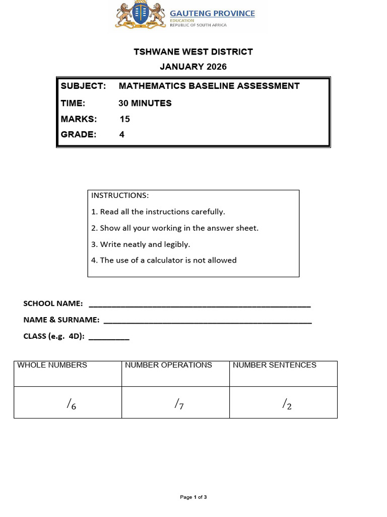 Grade 4 BASELINE ASS FOR TERM 1 (2026) | PDF | Mathematics