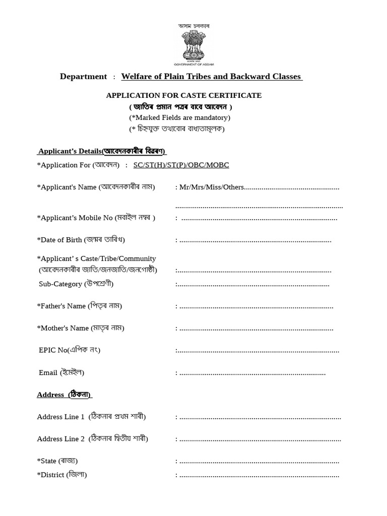 Application For Caste Certificate | PDF | Government