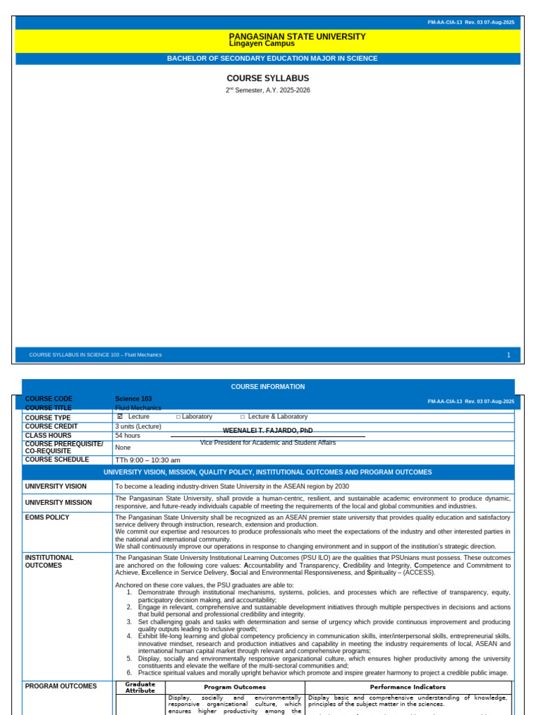 Fluid Mechanics Syllabus (2nd Sem 2025-2026) | PDF | Performance ...