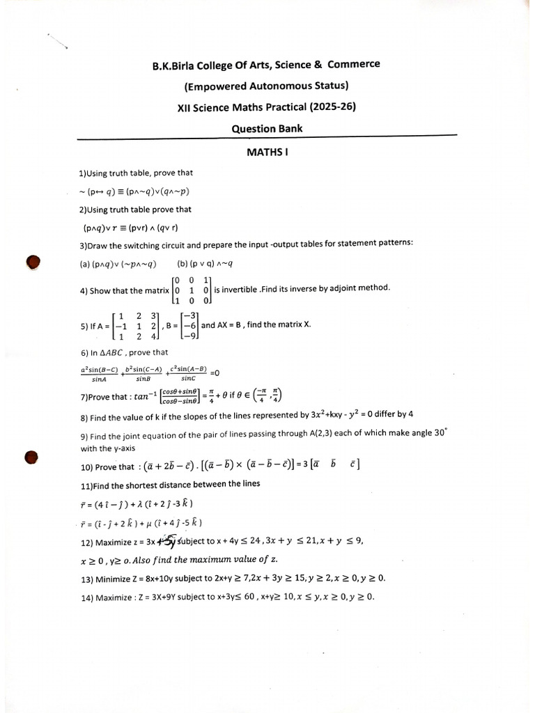 HSC Board SCI Maths Practical Question Bank 2026 | PDF