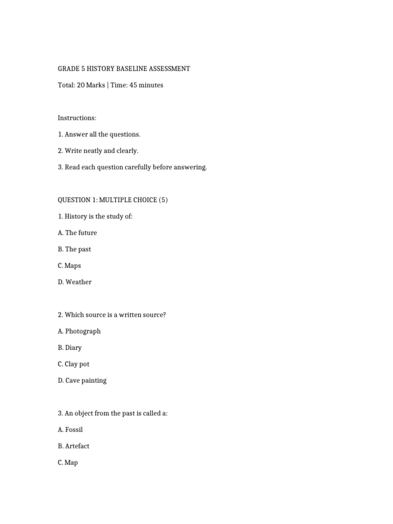 Grade 5 History Baseline Assessment | PDF