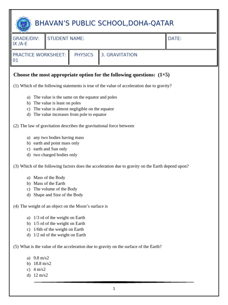 Practice Worksheet - Gravitation | PDF | Weight | Mass