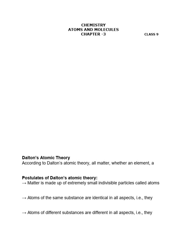 Class 9 Atoms and Molecules | PDF | Ion | Chemical Compounds