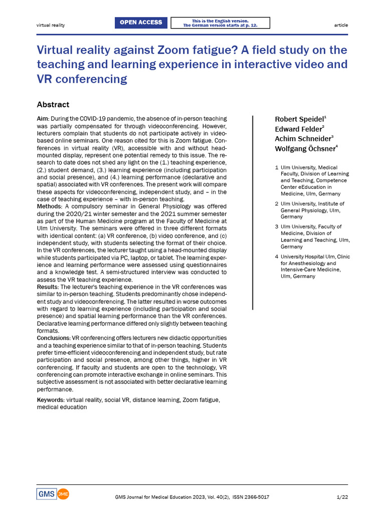 Virtual Reality Against Zoom Fatigue a Field Study | PDF | Virtual ...