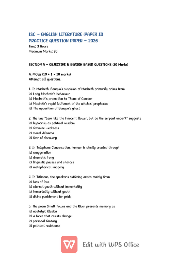 ISC English Literature Practice Paper1-2026 | PDF | Macbeth