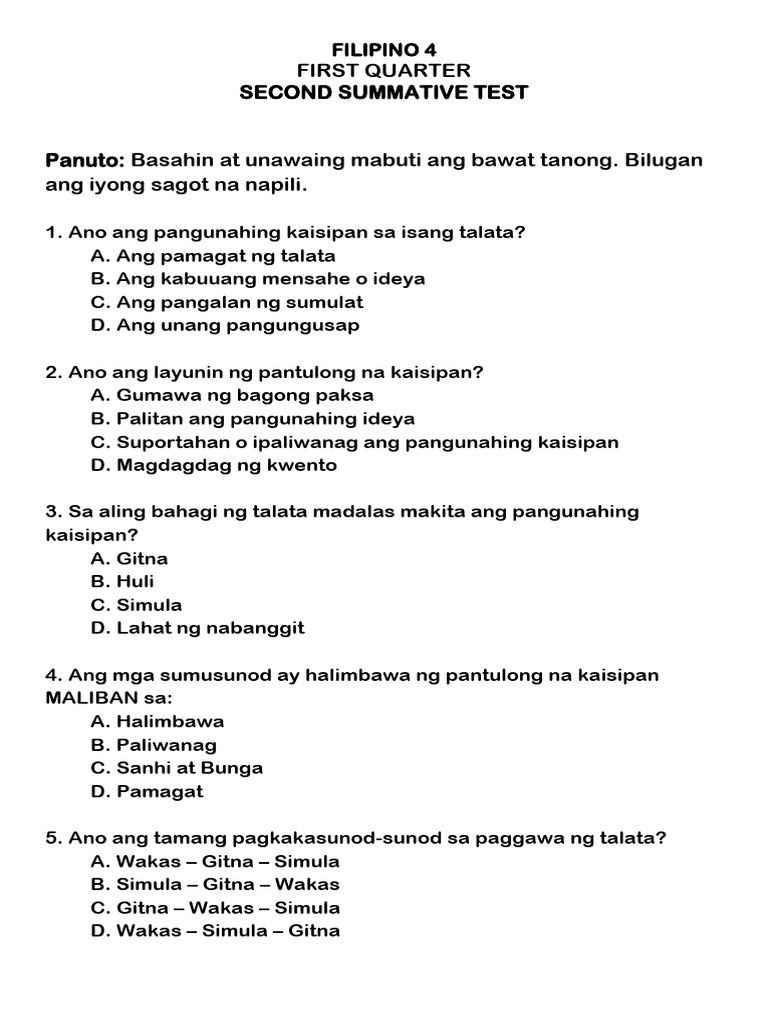 1st Quarter Fil - 2nd Summative Test | PDF