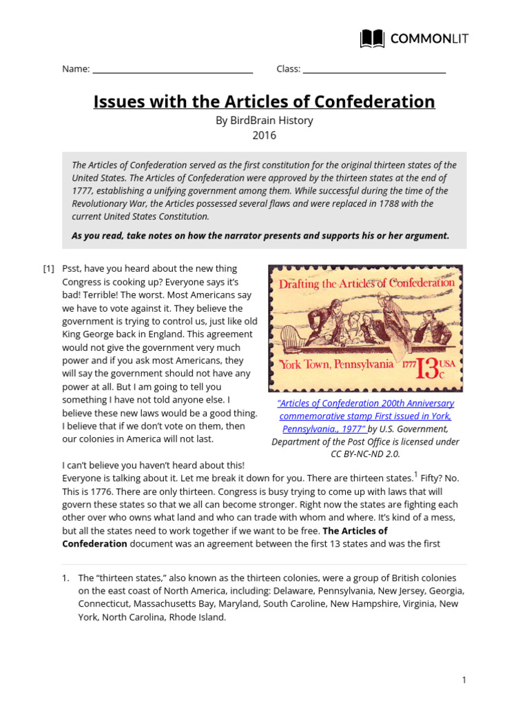 CommonLit - Issues With the Articles of Confederation-student Copy ...