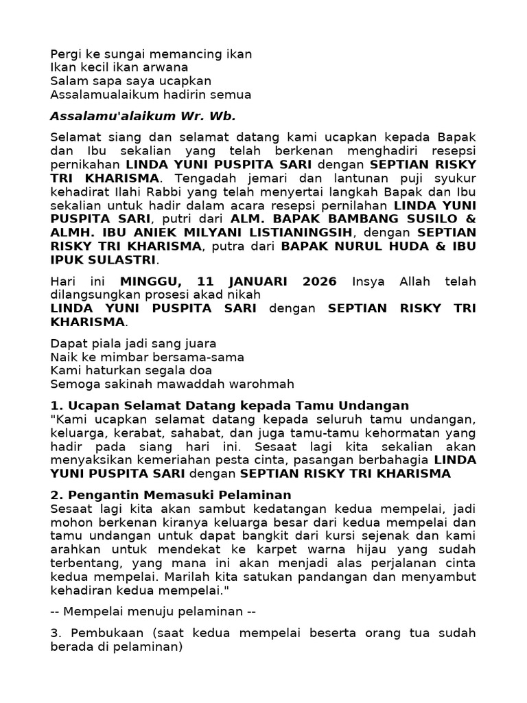 Script MC Resepsi Pernikahan LINDA | PDF