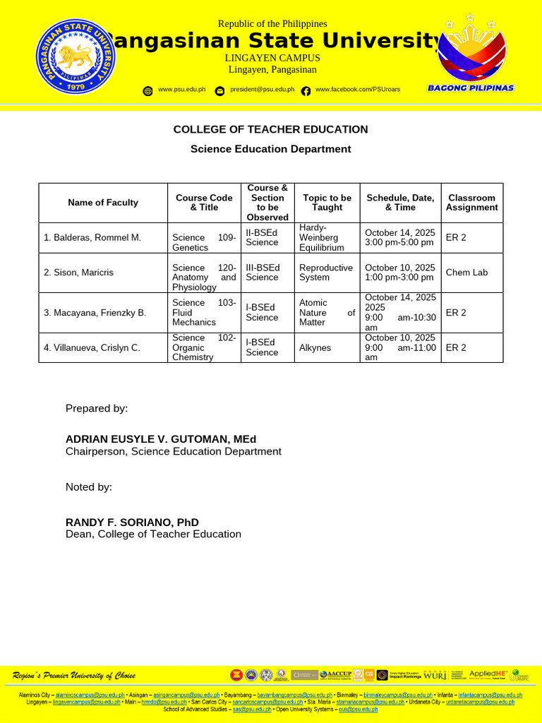 Science Ed Class Observation Schedule 1st Sem 2025-2026 | PDF