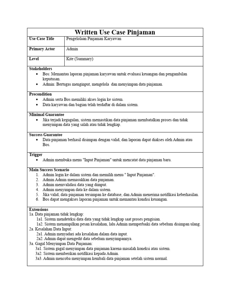 Written Use Case Pinjaman | PDF