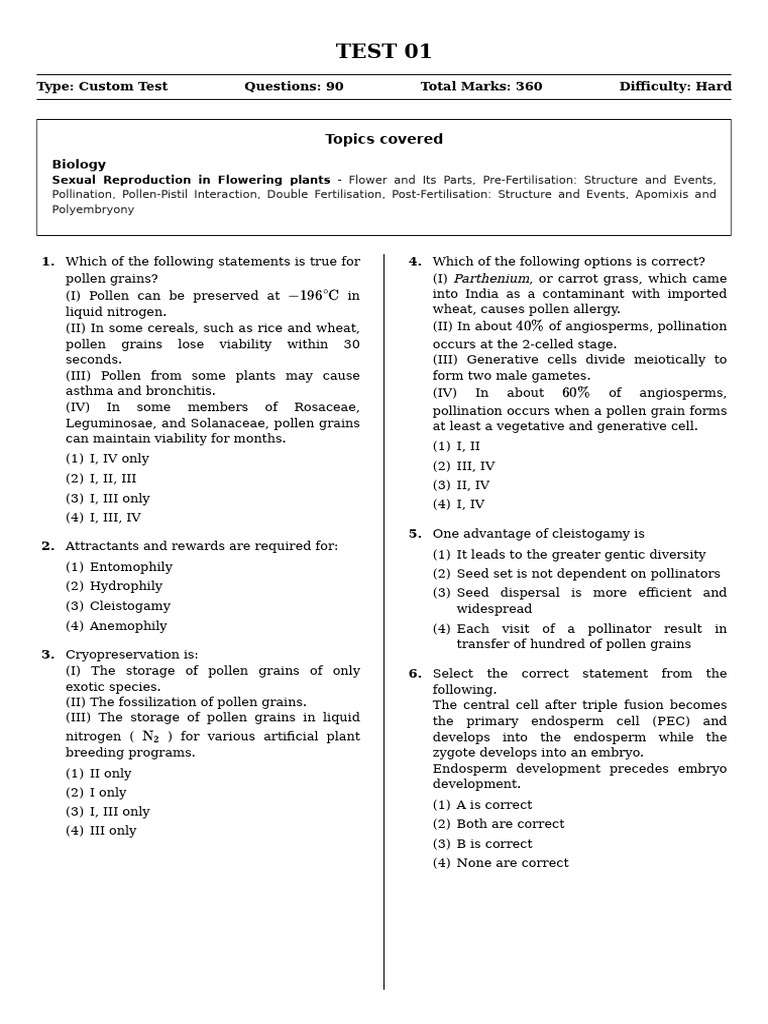 TEST 01 | PDF | Flowers | Pollination