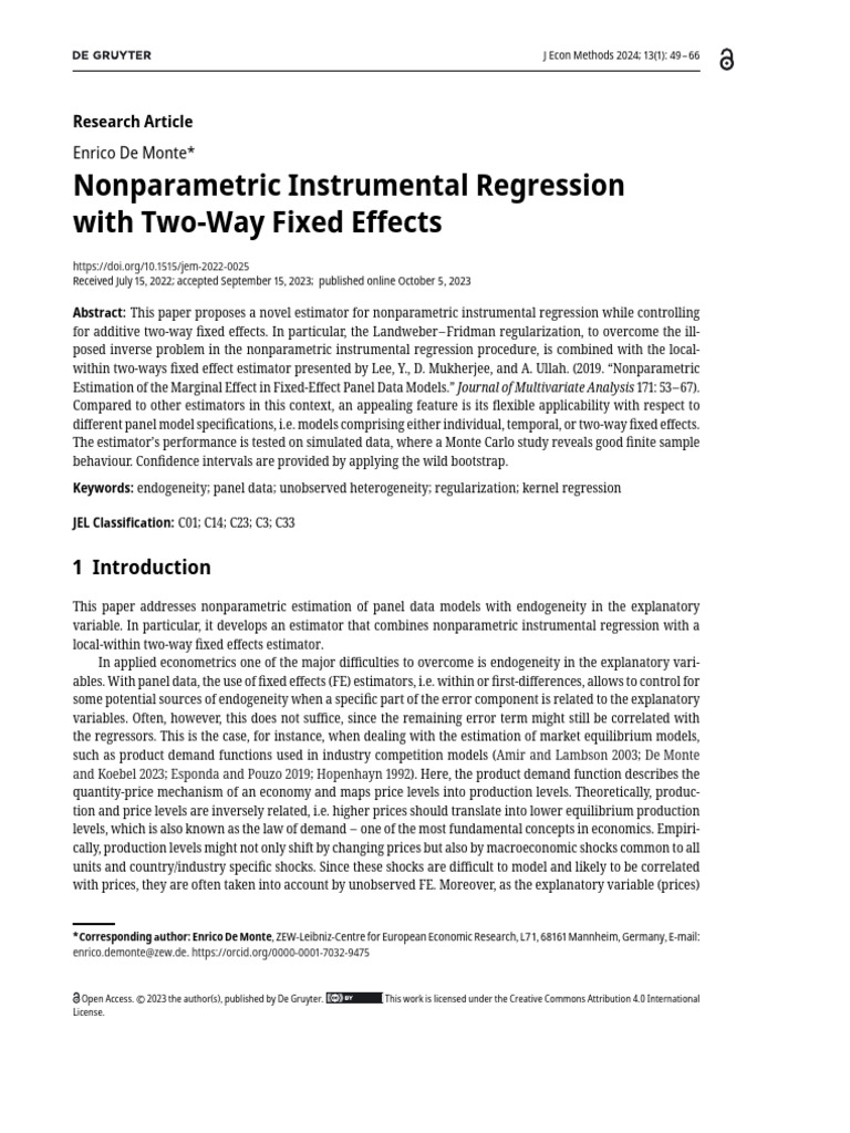 Nonparametric Instrumental Regression With Two-Way | PDF | Regression ...