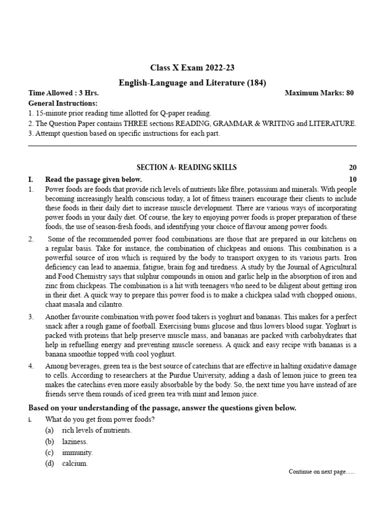 CBSE 10th Pre Board Exam Model Question Paper 5 - English (Language ...