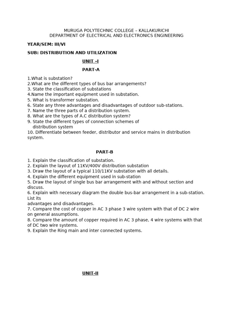 Year/Sem: Iii/Vi Sub: Distribution and Utilization Unit - I Part-A ...