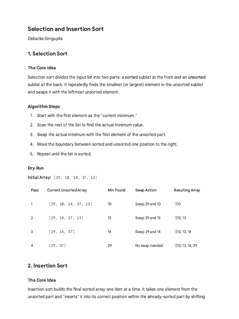 Selection & Insertion | PDF | Computer Programming | Algorithms And ...