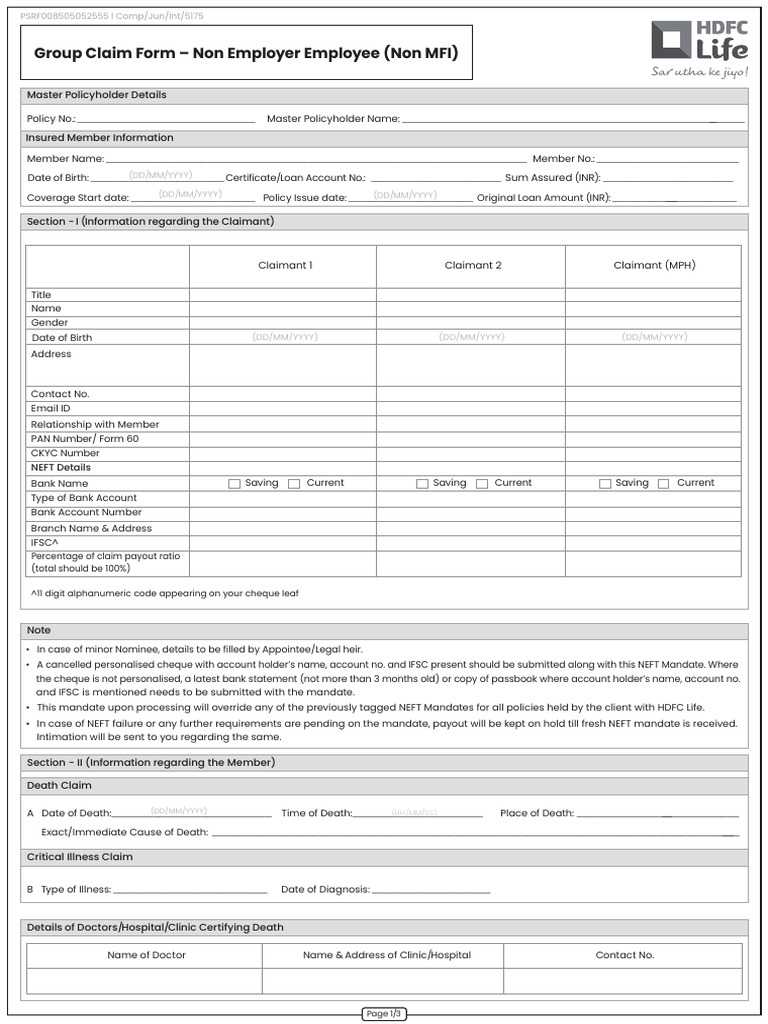 Group Claim Form Non Employer Employee Non MFI | PDF | Insurance ...