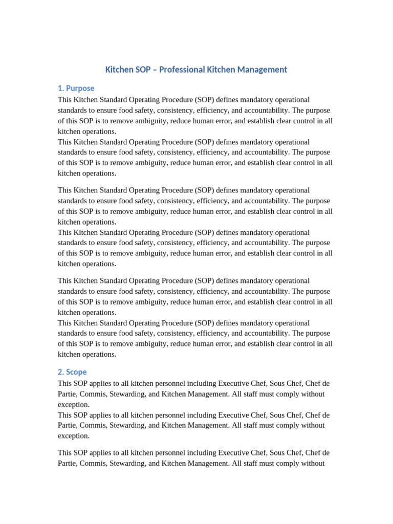 Kitchen SOP Professional Kitchen Management | PDF | Chef | Food Safety