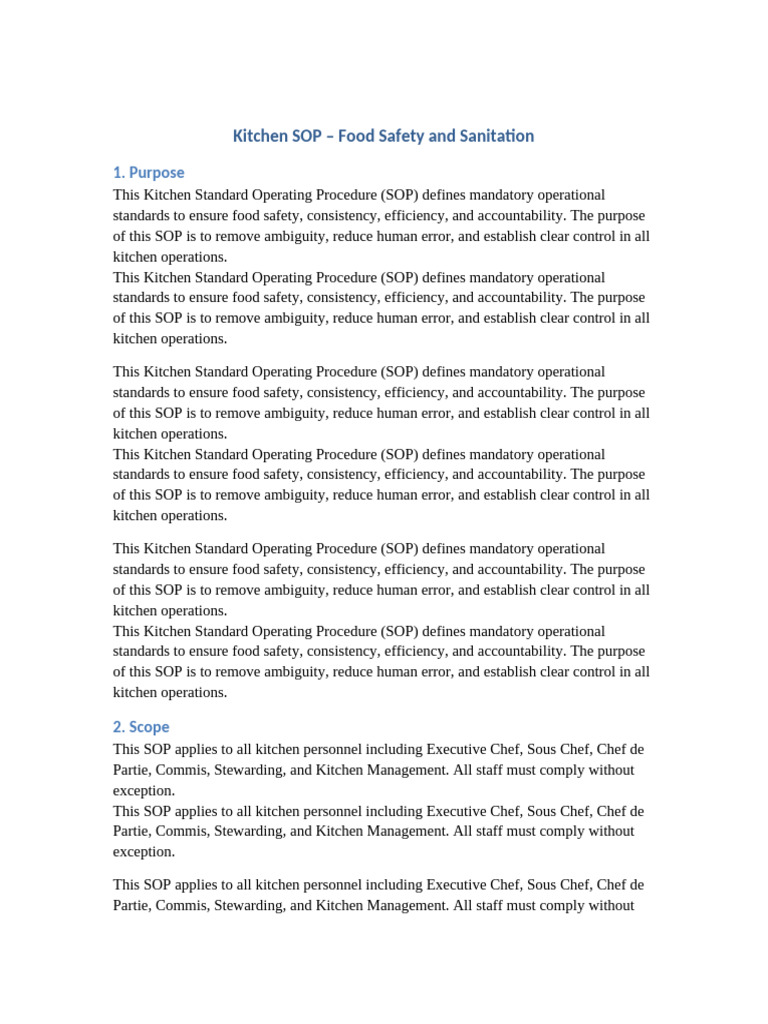 Kitchen SOP Food Safety and Sanitation | PDF | Chef | Food Safety