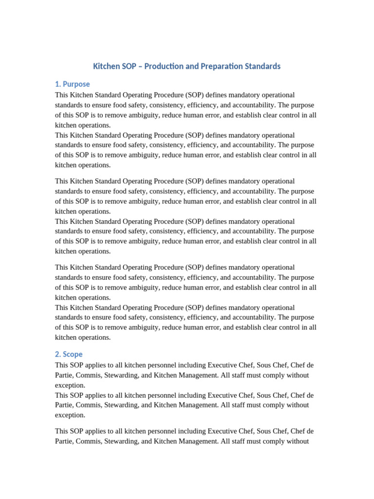 Kitchen SOP Production and Preparation | PDF | Chef | Food Safety
