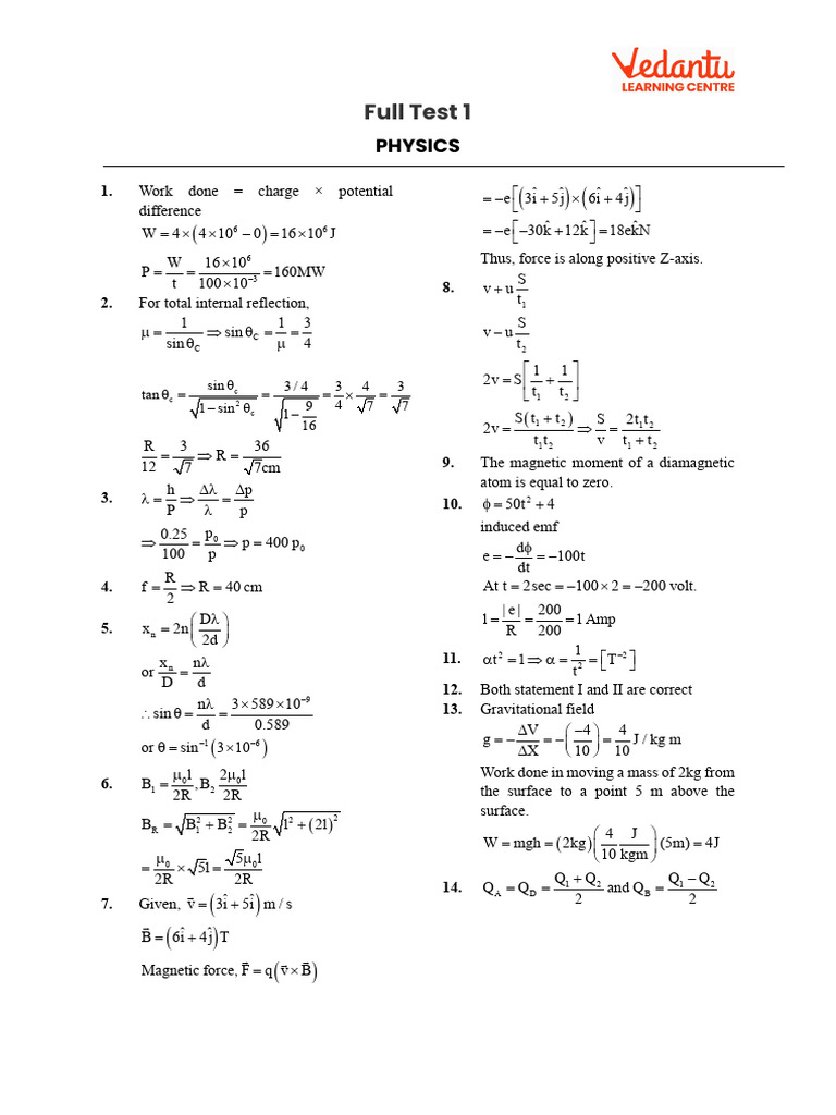 Neet Full Test 1 - Physics - Solutions Vedantu | PDF | Physical ...