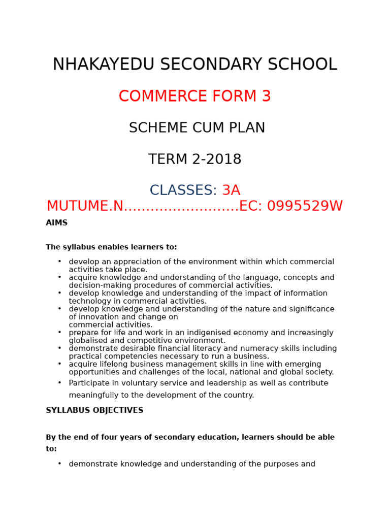 Commerce Scheme Form 3 Edited | PDF | Learning | Teachers