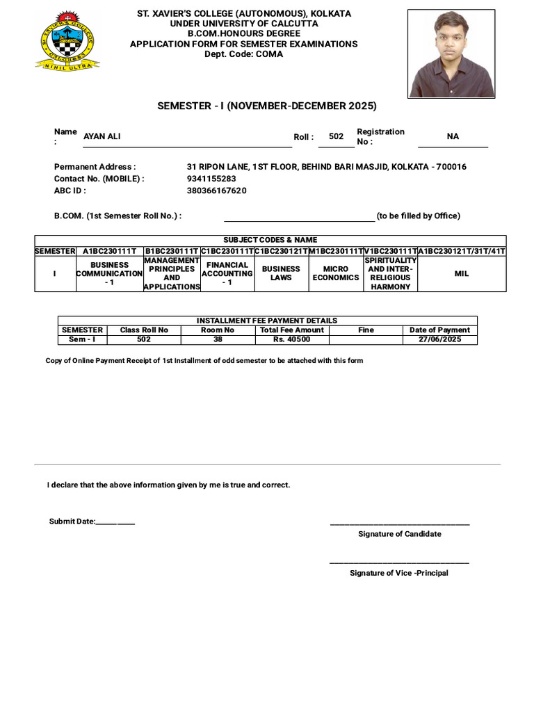 Sem 1 Application Form Exam | PDF