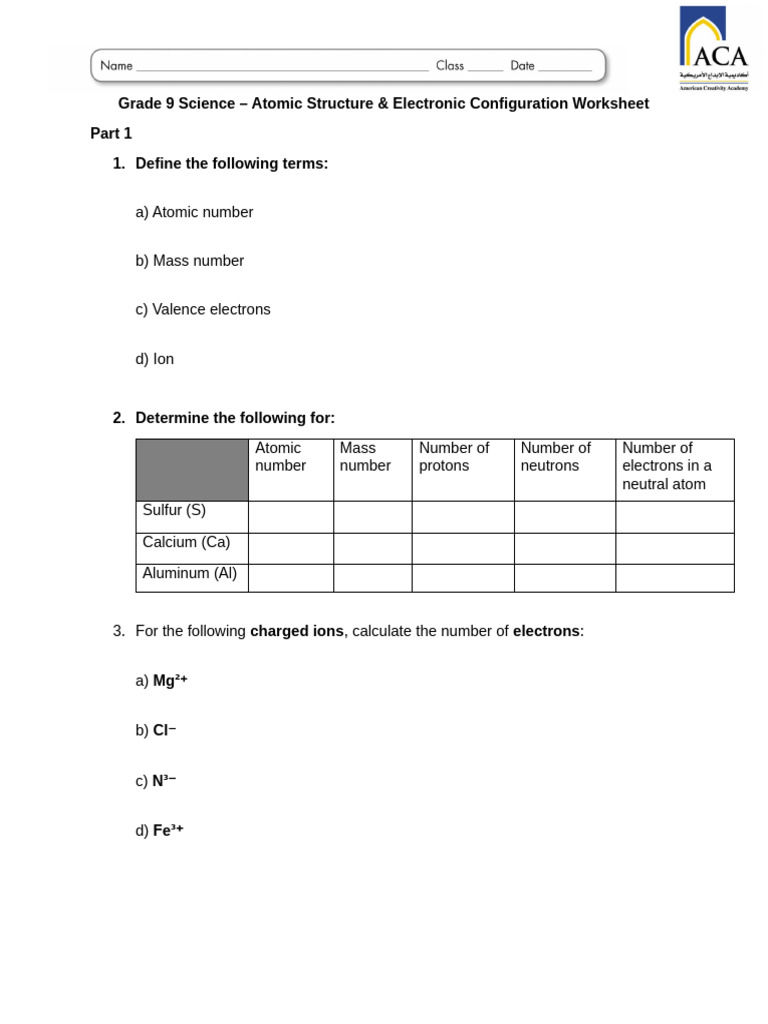 Atomic Structure and Electronic Configuration Worksheet | PDF