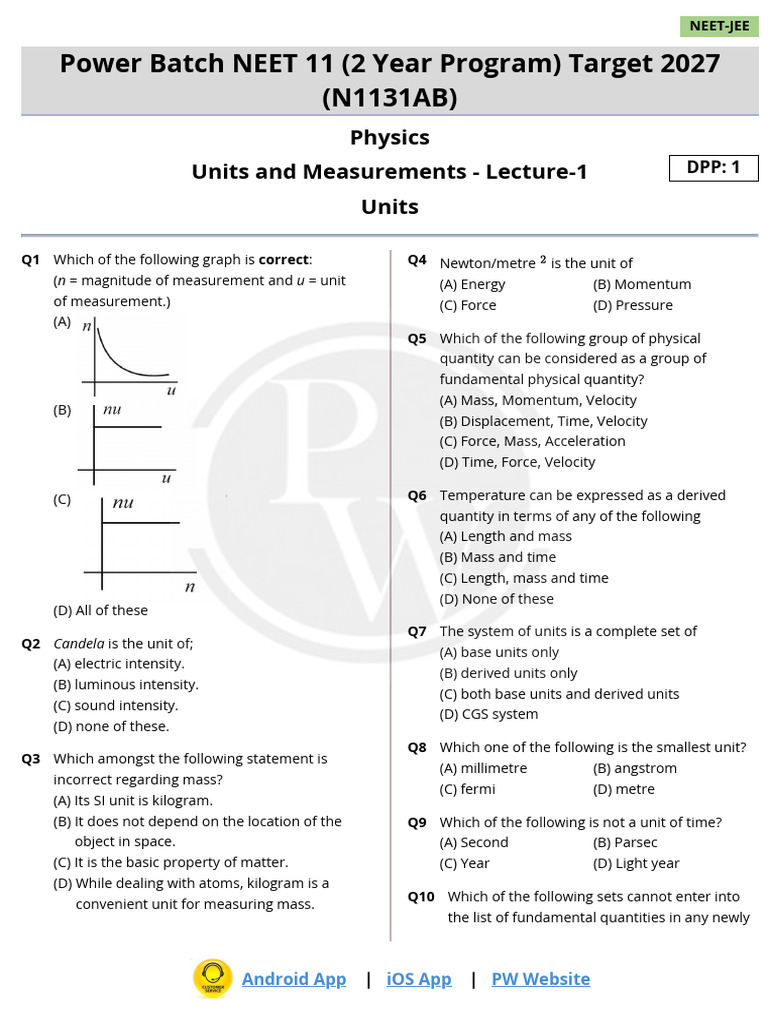 Units and Measurements - DPP 01 | PDF | Force | Velocity