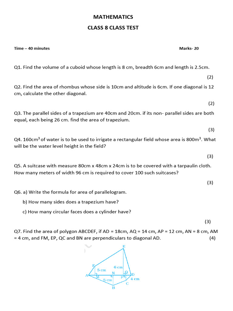 Mathematics Question Class 8 | PDF | Area | Length