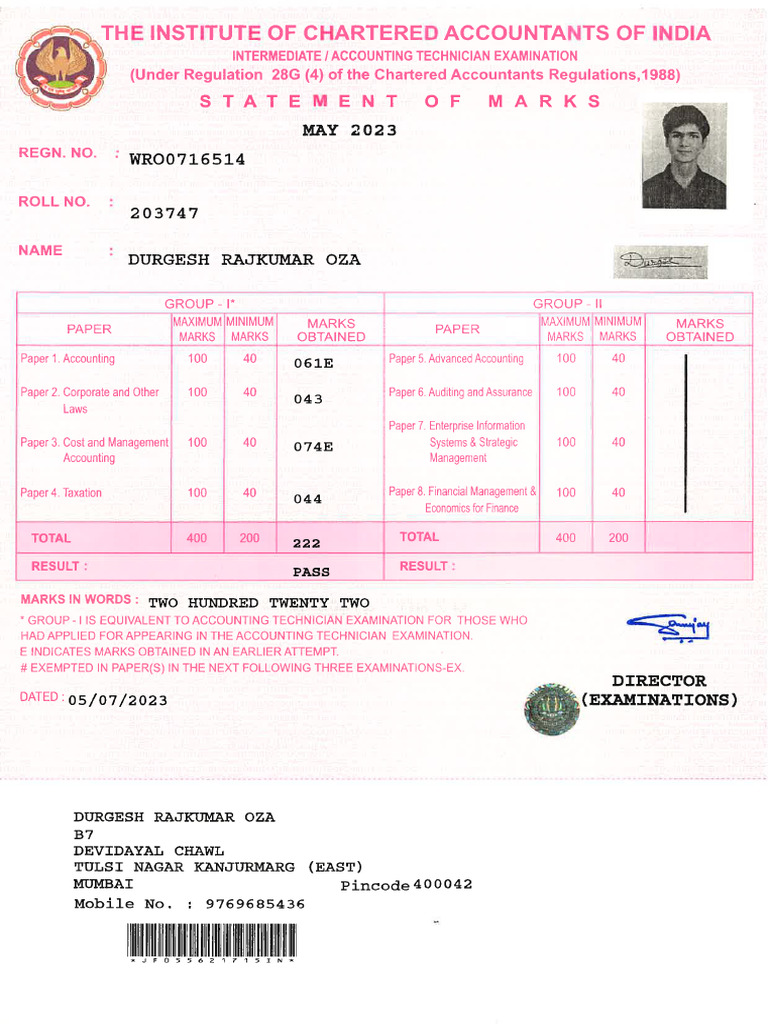 CA Inter Marksheet G1 | PDF
