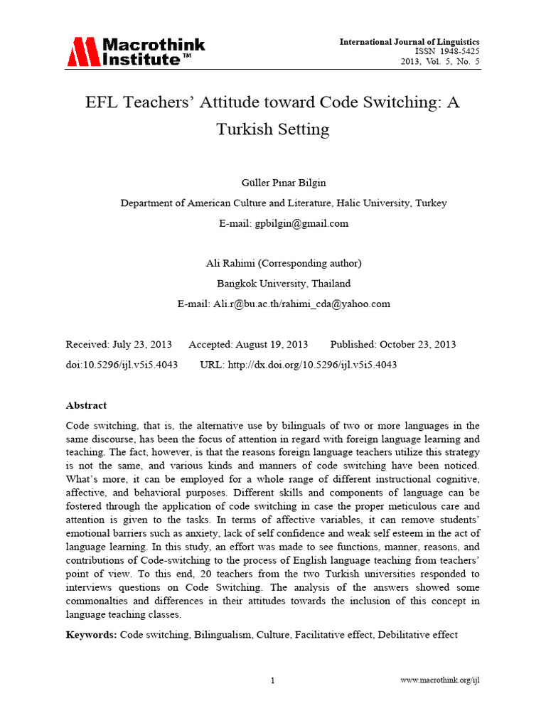 EFL Teachers Attitude Toward Code Switch | PDF | Second Language ...