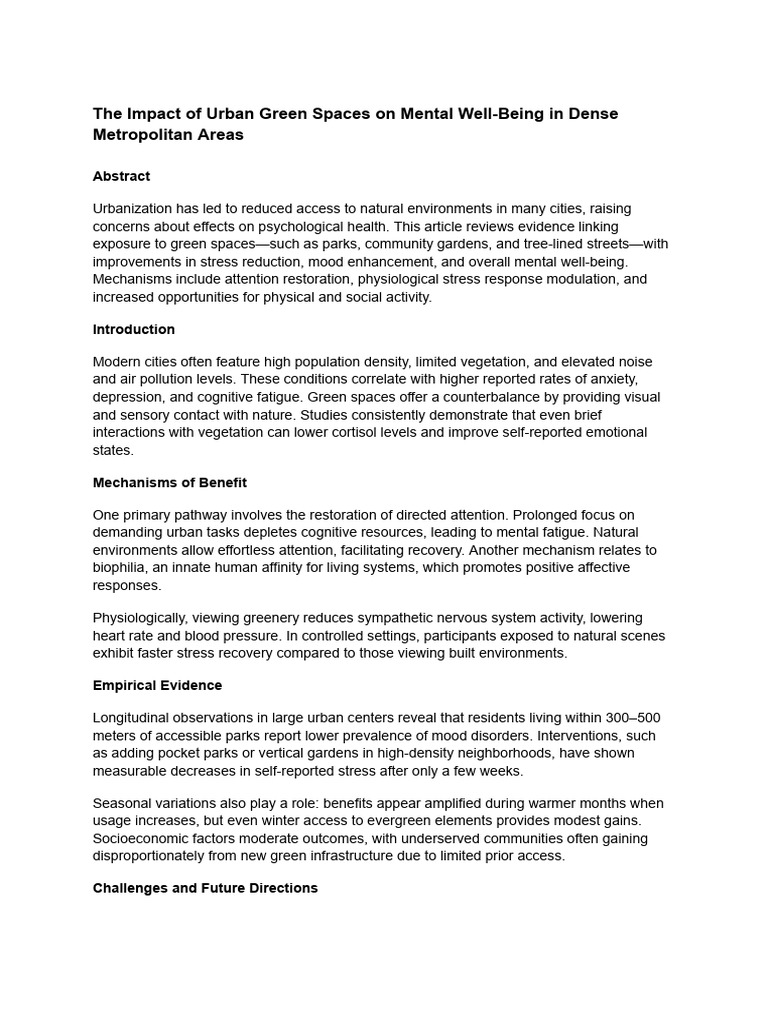 The Impact of Urban Green Spaces on Mental Well-Being in Dense ...