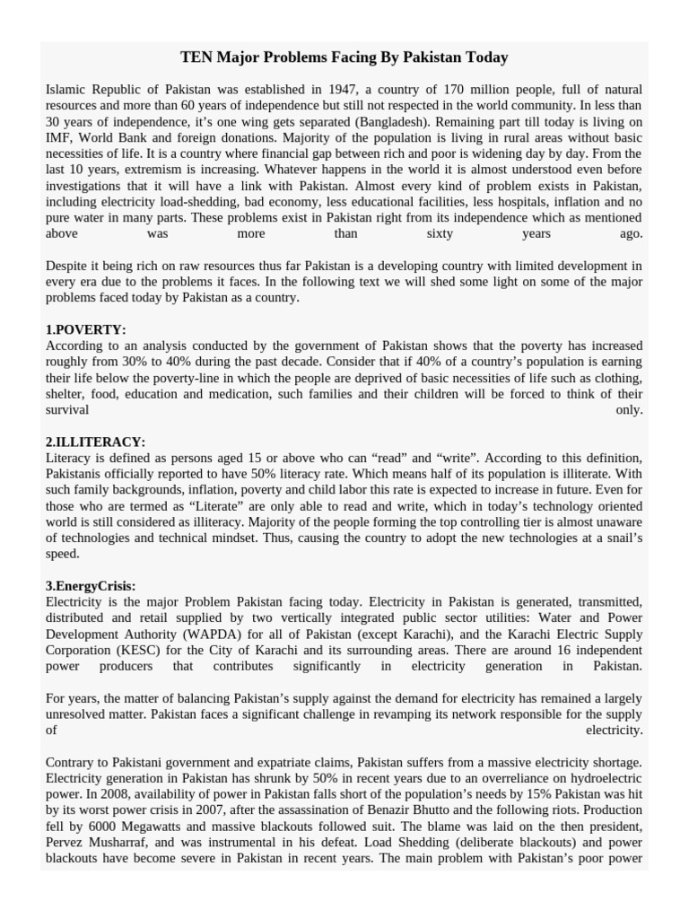TEN Major Problems Facing by Pakistan Today | PDF | Poverty | Poverty ...